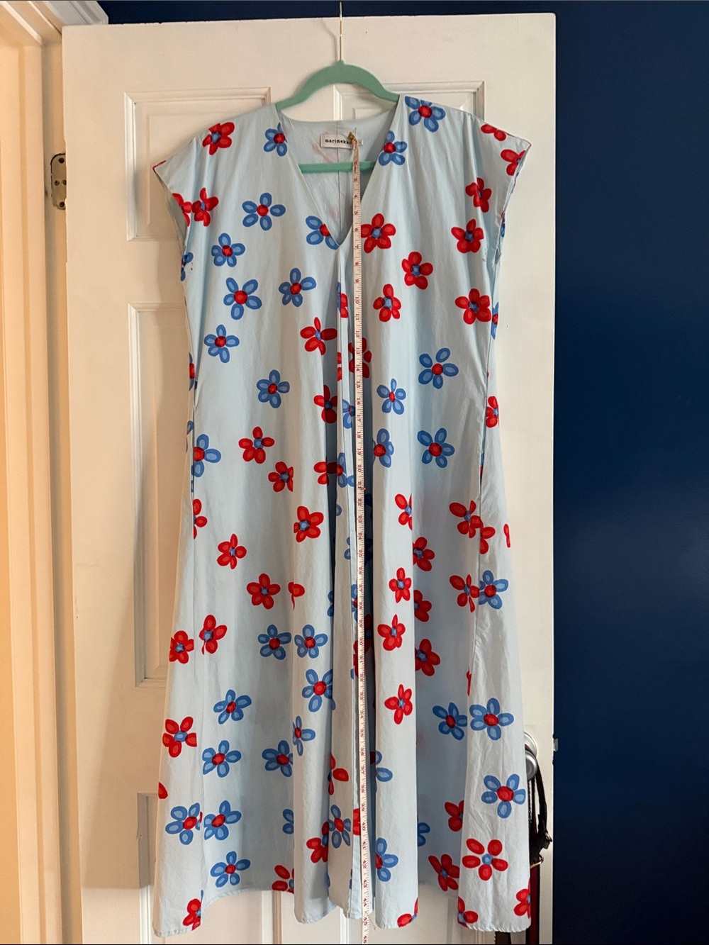 Marimekko Light Blue Maxi Dress with Red & Blue Floral Motif